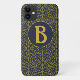 Elegant Blue & Gold Filigree Monogram  Case-Mate iPhone Case