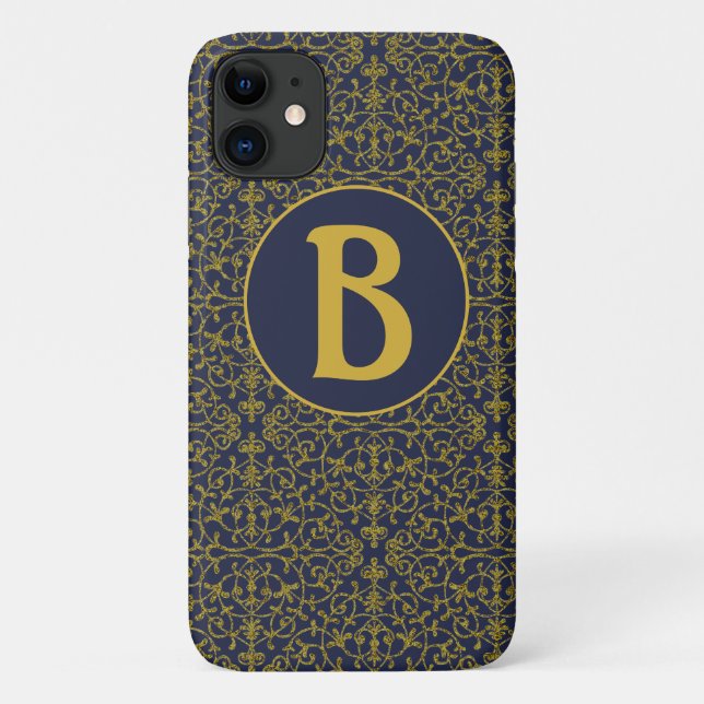 Elegant Blue & Gold Filigree Monogram  Case-Mate iPhone Case (Back)