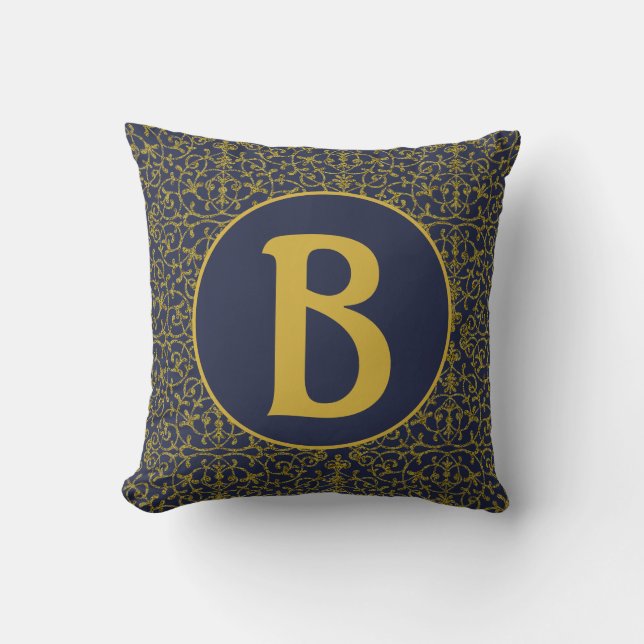 Elegant Blue & Gold Filigree Monogram Cushion (Front)