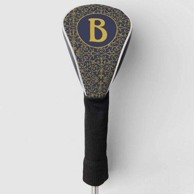 Elegant Blue & Gold Filigree Monogram Golf Head Cover (Front)