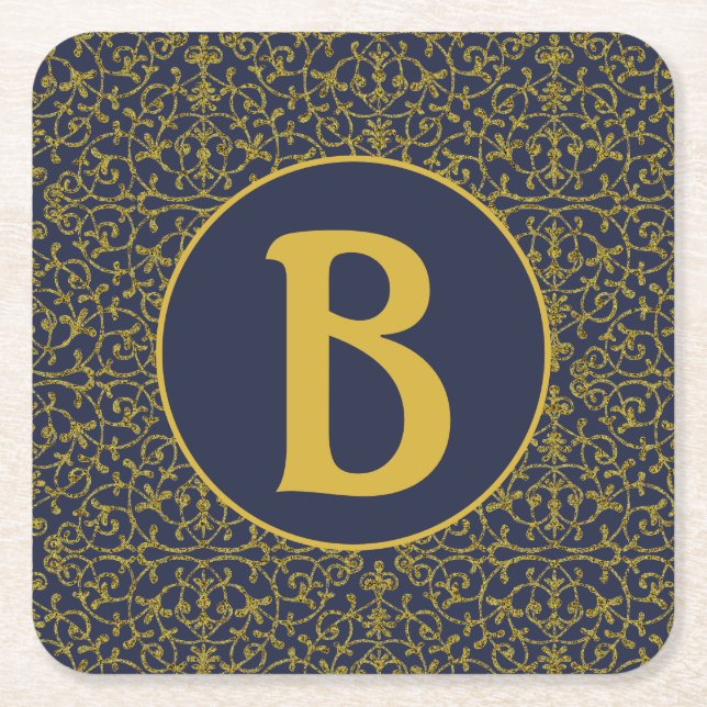 Elegant Blue & Gold Filigree Monogram Square Paper Coaster (Front)