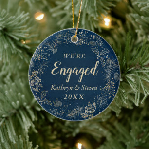 Elegant Blue Gold First Christmas Engaged Photo Ceramic Tree Decoration