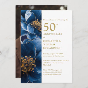 Elegant Blue Gold Floral 50th Anniversary Photo Invitation