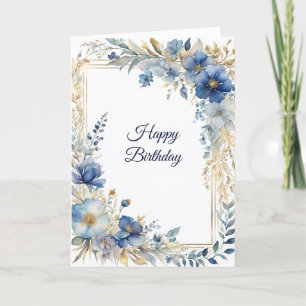 Elegant Blue Gold Floral Birthday Card