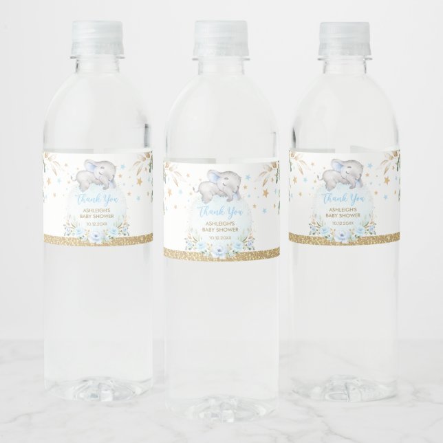 Elegant Blue Gold Floral Boy Baby Elephant Shower Water Bottle Label (Bottles)