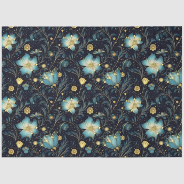 Elegant Blue & Gold Floral Christmas Decoupage Tissue Paper (Front)