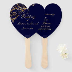 Elegant Blue Gold Floral Damask Script Wedding Hand Fan