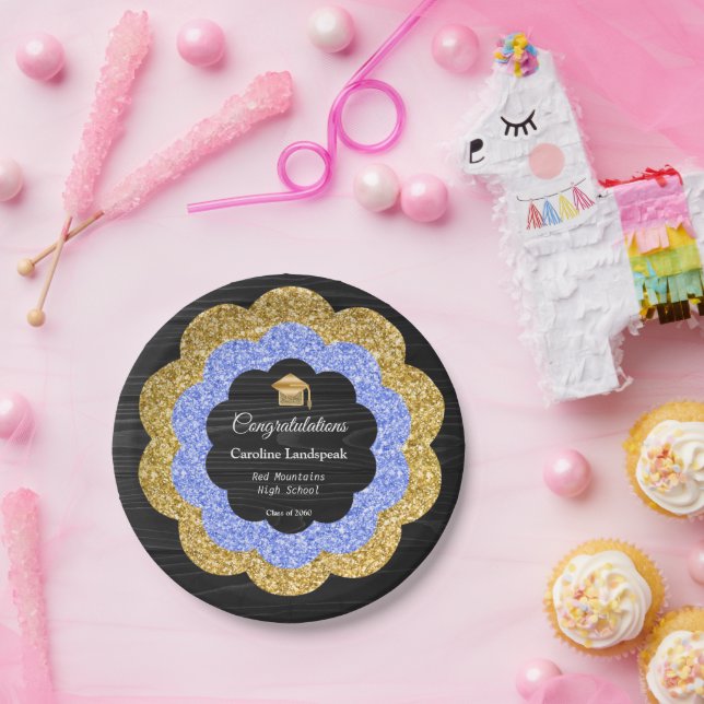 Elegant Blue Gold Floral Graduation Party Paper Plate (Party)