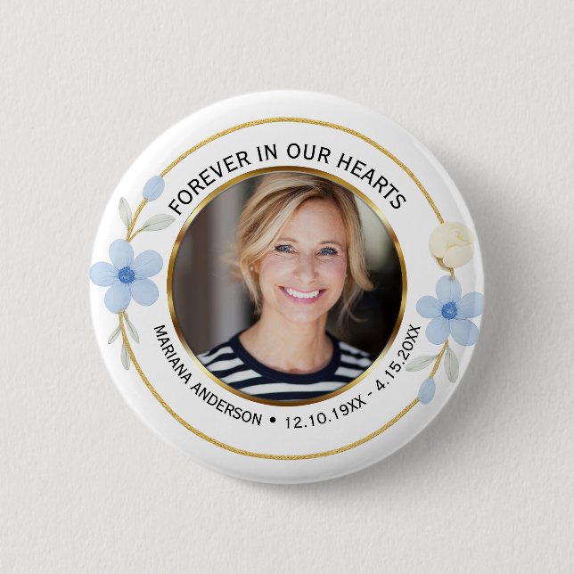 Elegant Blue & Gold Floral Memorial Photo 6 Cm Round Badge (Front)