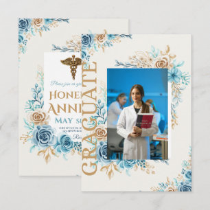 Elegant Blue & Gold Floral Nursing Graduation Invi Announcement