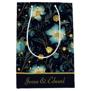 Elegant Blue & Gold Floral Personalised Christmas  Medium Gift Bag