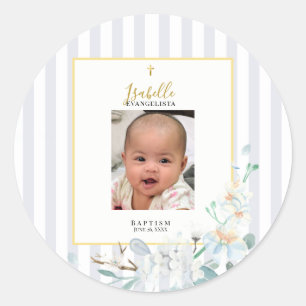Elegant Blue Gold Floral Photo Baptism Classic Round Sticker