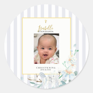 Elegant Blue Gold Floral Photo Christening Classic Round Sticker