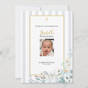 Elegant Blue Gold Floral Photo Christening Thank You Card