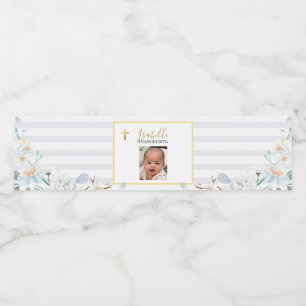 Elegant Blue Gold Floral Photo Christening Water Bottle Label