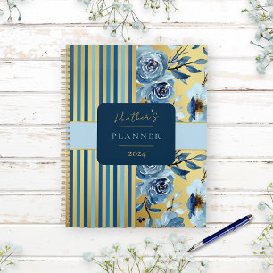 Elegant Blue Gold Floral Stripe Journal Notebook