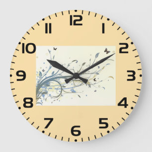 Elegant Blue Gold Floral Swirls with Butterflies Large Clock