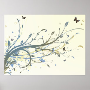 Elegant Blue Gold Floral Swirls with Butterflies Poster