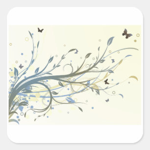 Elegant Blue Gold Floral Swirls with Butterflies Square Sticker