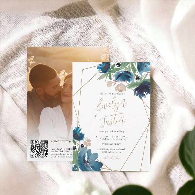Elegant blue gold Floral Watercolor QR Wedding Invitation (Elegant dusty blue gold Floral Watercolor Wedding Invitation)