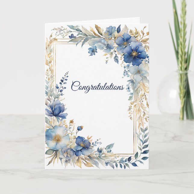 Elegant Blue Gold Floral Wedding Congratulations Card (Front)