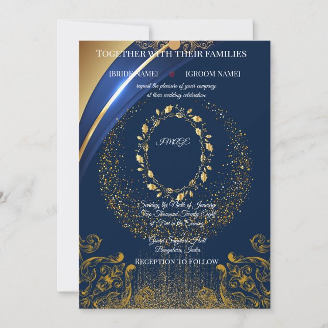 Elegant Blue & Gold Floral Wedding Invitation (Front)