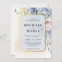 Elegant Blue, gold Floral Wedding Invitation