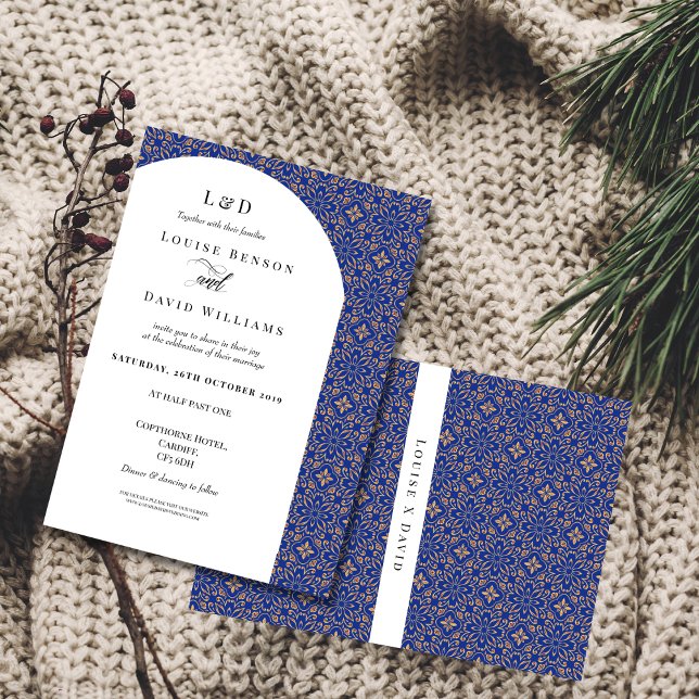 Elegant Blue & Gold Floral Wedding Invitation (Creator Uploaded)