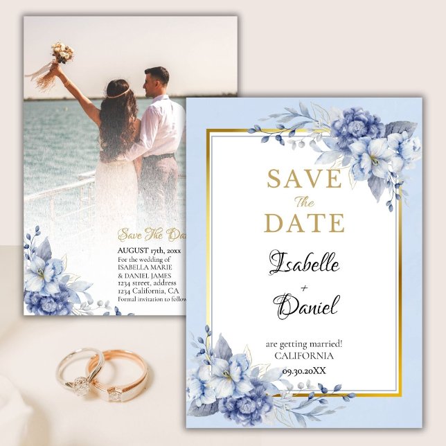 Elegant Blue gold Floral Wedding Save The Date Invitation (Creator Uploaded)