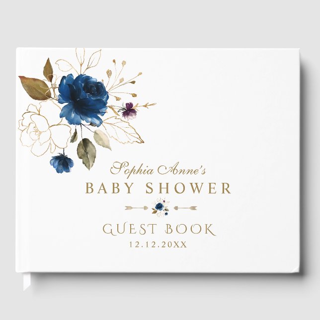 Elegant Blue Gold Flowers Baby Shower Guest Book (Front)