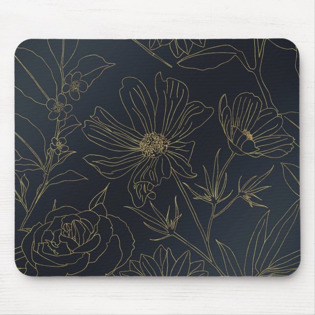 Elegant Blue Gold Flowers Botanical Mouse Pad (Front)