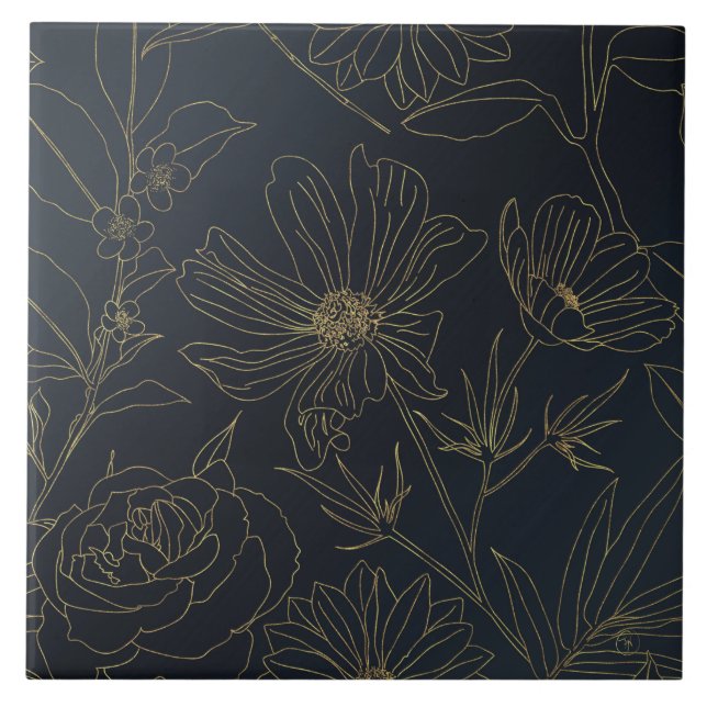 Elegant Blue Gold Flowers Botanical Tile (Front)