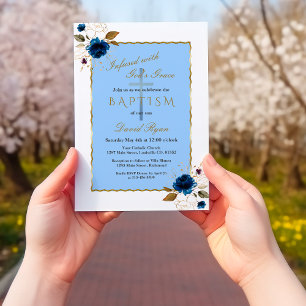 Elegant Blue Gold Flowers Boy Baptism Invitation