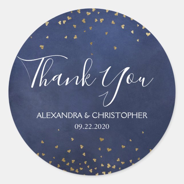 Elegant Blue Gold Foil Confetti Thank You Wedding Classic Round Sticker (Front)