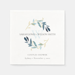 ELEGANT BLUE GOLD FOLIAGE WREATH COUPLES SHOWER NAPKIN