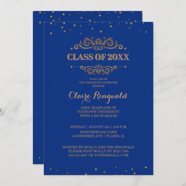 Elegant Blue Gold Formal College Graduation Party Invitation (Front/Back)