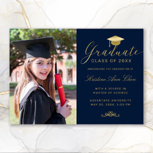 Elegant Blue Gold Formal Script Photo Graduation Announcement