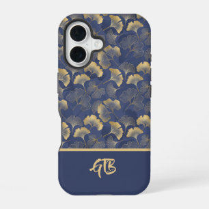 Elegant Blue Gold Ginkgo Leaves with Name Monogram iPhone 16 Case