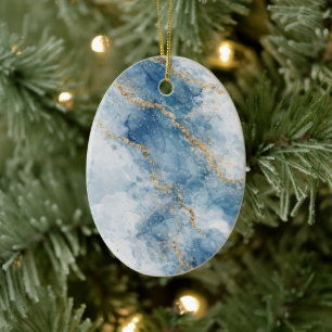 Elegant Blue Gold Glitter Abstract Flow Ceramic Tree Decoration