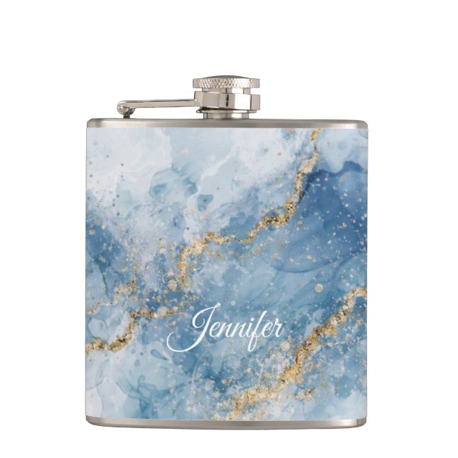Elegant Blue Gold Glitter Abstract Flow            Hip Flask (Front)