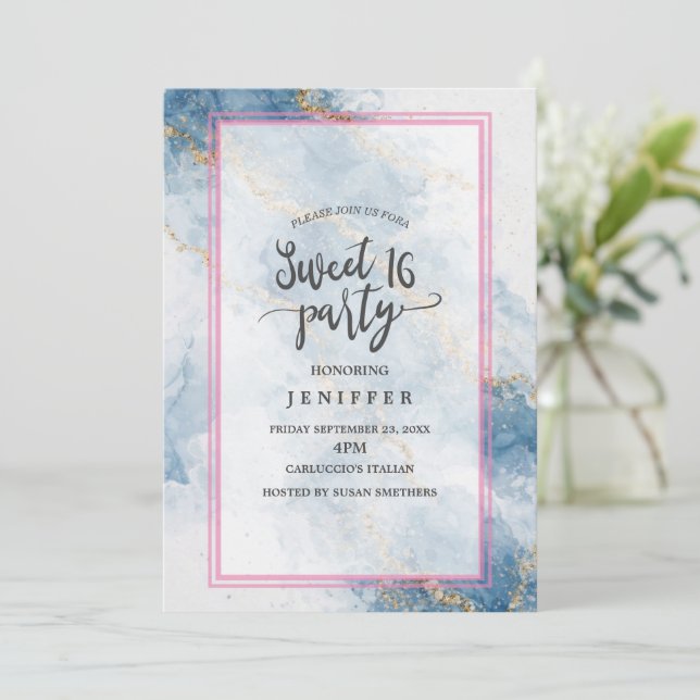 Elegant Blue Gold Glitter Abstract Flow            Invitation (Standing Front)