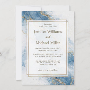Elegant Blue Gold Glitter Abstract Flow            Invitation