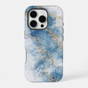 Elegant Blue Gold Glitter Abstract Flow iPhone 16 Pro Case