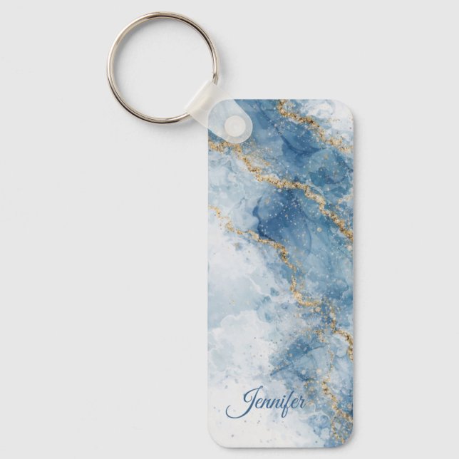 Elegant Blue Gold Glitter Abstract Flow            Key Ring (Front)
