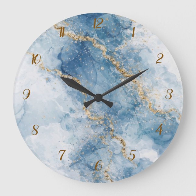 Elegant Blue Gold Glitter Abstract Flow            Large Clock (Front)