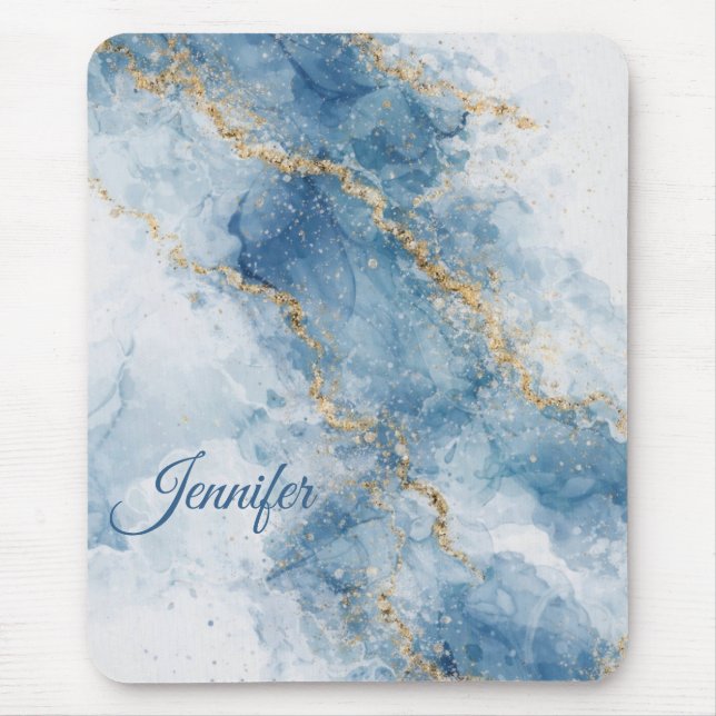 Elegant Blue Gold Glitter Abstract Flow            Mouse Pad (Front)