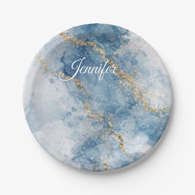 Elegant Blue Gold Glitter Abstract Flow            Paper Plate (Front)