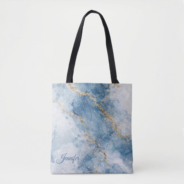 Elegant Blue Gold Glitter Abstract Flow            Tote Bag (Front)