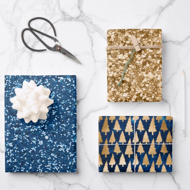 Elegant Blue Gold Glitter Christmas Trees  Wrapping Paper Sheet (Front)
