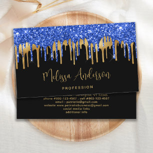 Elegant Blue Gold Glitter Drips Black Modern Business Card
